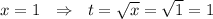 x=1 \ \ \Rightarrow \ \ t=\sqrt{x}=\sqrt{1}=1