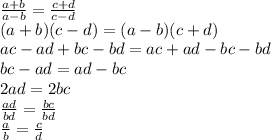 \frac{a+b}{a-b}=\frac{c+d}{c-d}\\ (a+b)(c-d)=(a-b)(c+d)\\ ac-ad+bc-bd=ac+ad-bc-bd\\ bc-ad=ad-bc\\ 2ad=2bc\\ \frac{ad}{bd}=\frac{bc}{bd}\\ \frac{a}{b}=\frac{c}{d}