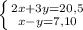 \left \{ {{2x+3y=20,5} \atop {x-y=7,10}} \right.