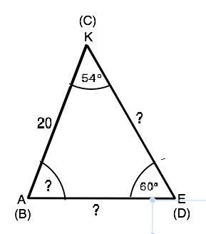 Треугольники bcd и ake равны.аk=20см, угол k=54 градуса,угол e=60 градусов.найдите соответствующие с