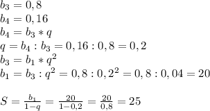 b_{3}=0,8\\b_{4}=0,16\\b_{4}=b_{3}*q\\q=b_{4}:b_{3}=0,16:0,8=0,2\\b_{3} =b_{1} *q^{2}\\b_{1}=b_{3}:q^{2}=0,8:0,2^{2}=0,8:0,04=20\\\\S=\frac{b_{1} }{1-q}=\frac{20}{1-0,2}=\frac{20}{0,8}=25