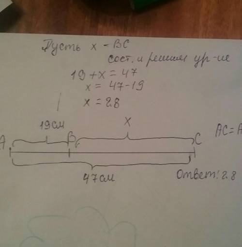 Отрезок ac=47cм,отрезок ab=19см.найдите длину отрезка bc