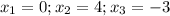 x_1 = 0; x_2 = 4; x_3 = -3