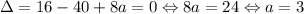 \Delta=16-40+8a=0\Leftrightarrow 8a=24\Leftrightarrow a=3