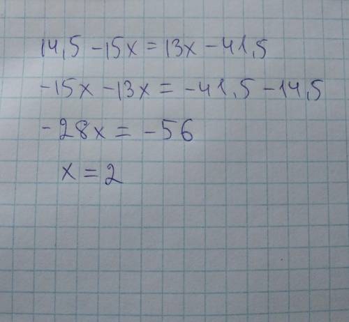 А2. решите уравнение14.5-15х=13x-41,5варианты ответов: 1) 22) -23) -34) 3​