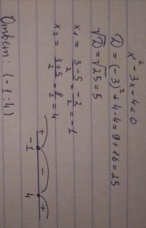 Найдите целое решение неравенства: x^2-3x-4< 0 построить интервалы