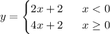 y= \begin{cases} 2x+2\ \ \ \ \ x<0\\ 4x+2\ \ \ \ \ x \ge 0\end{cases}