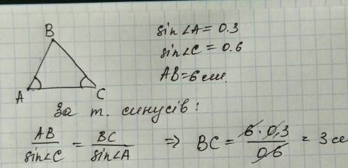 9клас. у трикутнику авс відомо, що ав =6 см, sin a =0.30, sinc =0.6. знайти довжину сторони вс.