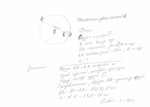 Наибольшее и наименьшее расстояние от данной точки,расположенной внутри окружности равны соответстве