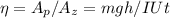 \eta=A_p/A_z=mgh/IUt