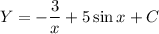 Y=-\dfrac3x+5\sin x+C