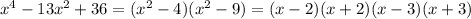 x^4-13x^2+36=(x^2-4)(x^2-9)=(x-2)(x+2)(x-3)(x+3)