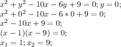 x^2+y^2-10x-6y+9=0; y=0;\\x^2+0^2-10x-6*0+9=0;\\x^2-10x+9=0;\\(x-1)(x-9)=0;\\x_1=1;x_2=9;