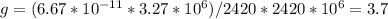 g=(6.67*10^{-11}*3.27*10^{6})/2420*2420*10^{6}=3.7