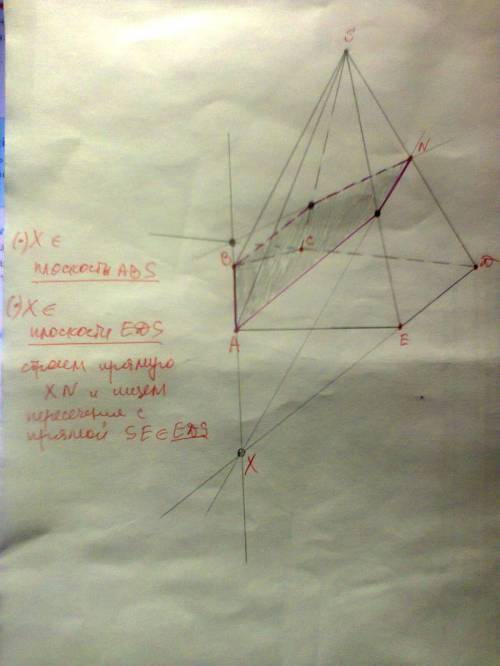 Построить сечение пятиугольной пирамиды sabcde, проходящей через сторону ab и точку n на ребре sd.