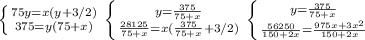 \left \{ {{75y=x(y+3/2)} \atop {375=y(75+x)}} \right \left \{ {{y=\frac{375}{75+x}} \atop {\frac{28125}{75+x}=x(\frac{375}{75+x}+3/2)}} \right \left \{ {{y=\frac{375}{75+x} \atop {\frac{56250}{150+2x}=\frac{975x+3x^2}{150+2x}}}} \right