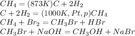 CH_4 =(873K) C + 2H_2\\ C + 2H_2 =(1000K, Pt, p) CH_4\\ CH_4 + Br_2 = CH_3Br + HBr\\ CH_3Br + NaOH = CH_3OH + NaBr\\