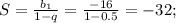 S=\frac{b_1}{1-q}=\frac{-16}{1-0.5}=-32;