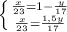 \left \{ {{\frac{x}{23}}=1- \frac{y}{17 } \atop {\frac{x}{23}=\frac{1,5y}{17}}} \right.