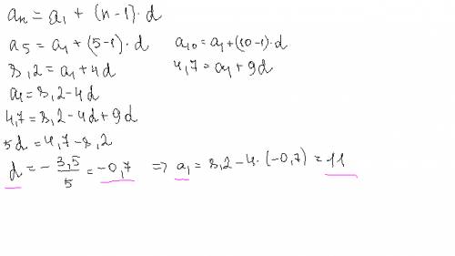 Известны два члена арифметической прогрессии, а5=8,2, а10=4,7. найдите 1 член и разность арифметичес