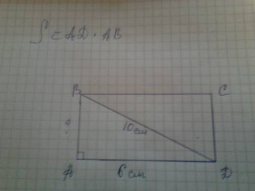 Впрямоугольнике одна сторона равна 6 см,а диагональ равна 10 см.найдите площадь прямоугольника( ,от