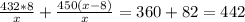 \frac{432*8}{x}+\frac{450(x-8)}{x}=360+82=442