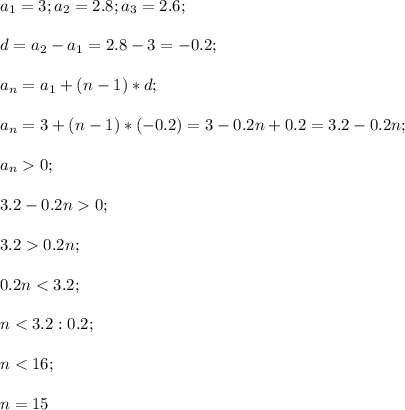 a_1=3;a_2=2.8;a_3=2.6;\\\\d=a_2-a_1=2.8-3=-0.2;\\\\a_n=a_1+(n-1)*d;\\\\a_n=3+(n-1)*(-0.2)=3-0.2n+0.2=3.2-0.2n;\\\\a_n0;\\\\3.2-0.2n0;\\\\3.20.2n;\\\\0.2n<3.2;\\\\n<3.2:0.2;\\\\n<16;\\\\n=15