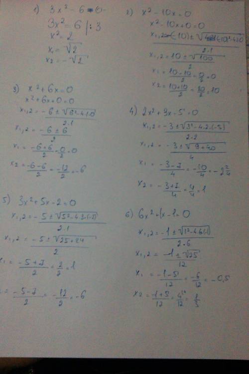 Решите хотя бы нескоько из этих уровнений, буду блогодарен! 3x^2-6=0 x^2-10x=0 x^2+6x=0 2x^2+3x-5=0