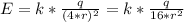 E=k*\frac{q}{(4*r)^2}=k*\frac{q}{16*r^2}