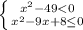 \left \{ {{x^{2}-49<0} \atop {x^{2}-9x+8\leq0}} \right.