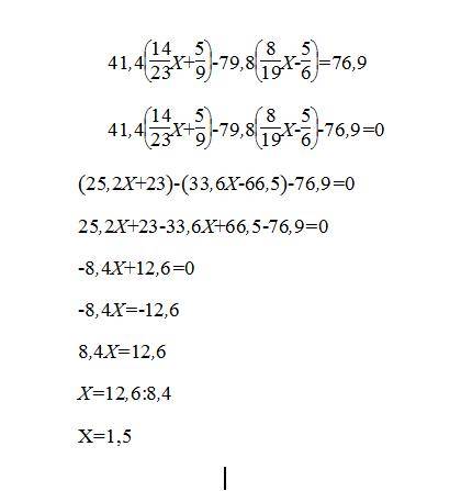 Решите уравнение люди : 41,4( 14/23х+5/9)-79,8(8/19х-5/6)=76,9 25,2х+23-75,6х-66,5=76,9 ответ. х=1.5