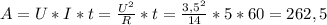 A=U*I*t=\frac{U^{2}}{R}*t =\frac{3,5^{2} }{14}*5*60= 262,5