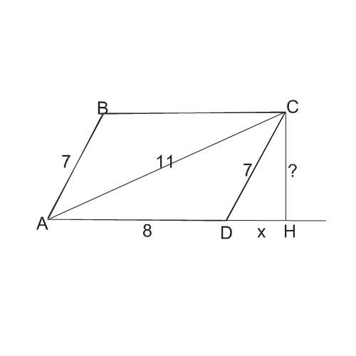 Впараллерограмме abcd ab=7см ac=11см ad=8см. найдите площадь параллерограмма. желательно чертёж.