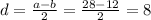 d=\frac{a-b}{2}=\frac{28-12}{2}=8