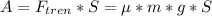 A=F_{tren}*S=е*m*g*S