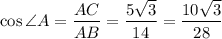 \cos \angle A= \dfrac{AC}{AB} =\dfrac{5\sqrt{3}}{14} = \dfrac{10\sqrt{3}}{28}