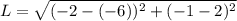 L=\sqrt{(-2-(-6))^2+(-1-2)^2}