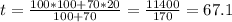 t=\frac{100*100+70*20}{100+70}=\frac{11400}{170}=67.1