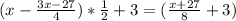 (x-\frac{3x-27}{4})*\frac{1}{2}+3=(\frac{x+27}{8}+3)