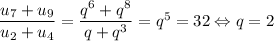 \dfrac{u_7+u_9}{u_2+u_4}=\dfrac{q^6+q^8}{q+q^3}=q^5=32\Leftrightarrow q=2