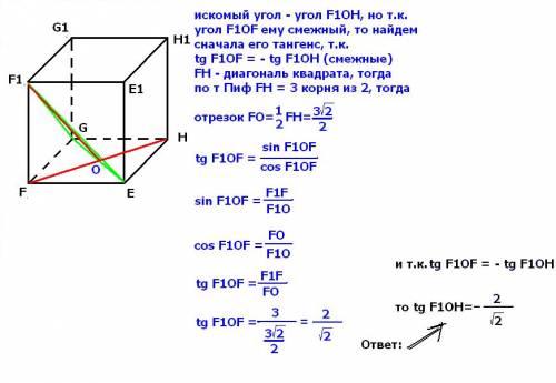 Ребро куба efghe1f1g1h1 равно 3. найдите тангенс угла между плоскостями ehg и egf1