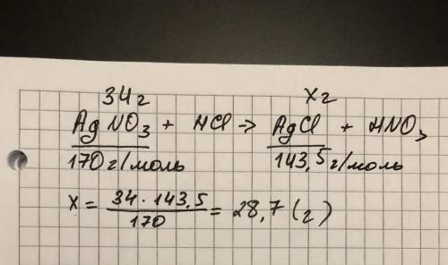 Какова масса хлорида серебра полученного при действии соляной кислотой на раствор содержащий 34 г ни