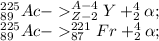 _{89}^{225}Ac-_{Z-2}^{A-4}Y+_{2}^{4}\alpha;\\ _{89}^{225}Ac-_{87}^{221}Fr+_{2}^{4}\alpha;\\