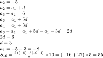 a_2=-5\\a_2=a_1+d\\a_6-a_4=6\\a_6=a_1+5d\\a_4=a_1+3d\\a_6-a_4=a_1+5d-a_1-3d=2d\\2d=6\\d=3\\a_1=-5-3=-8\\S_{10}=\frac{2*(-8)+3(10-1)}{2}*10=(-16+27)*5=55