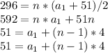 296 = n*(a_1 + 51)/2\\ 592 = n*a_1 + 51n\\51 = a_1 + (n-1)*4\\51 = a_1 + (n-1)*4