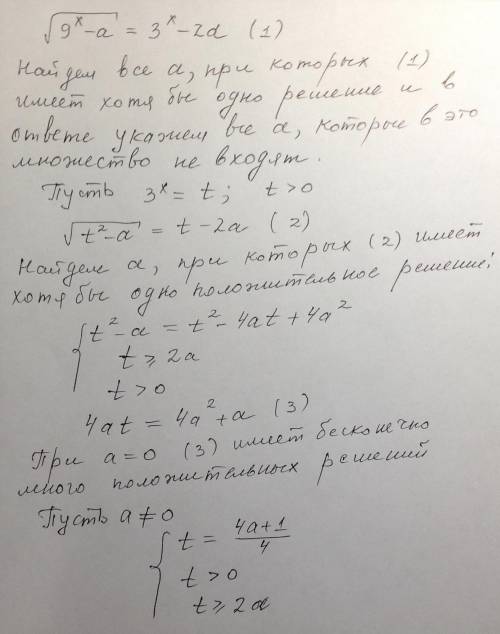 Решить параметр. sqrt(9^x-a) = 3^x-2a при каких значениях параметра а уравнение не имеет решений? p.