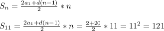 S_{n} = \frac{2a_{1} + d(n-1)}{2}*n \\\\S_{11} = \frac{2a_{1} + d(n-1)}{2}*n = \frac{2 + 20}{2}*11 = 11^{2} = 121