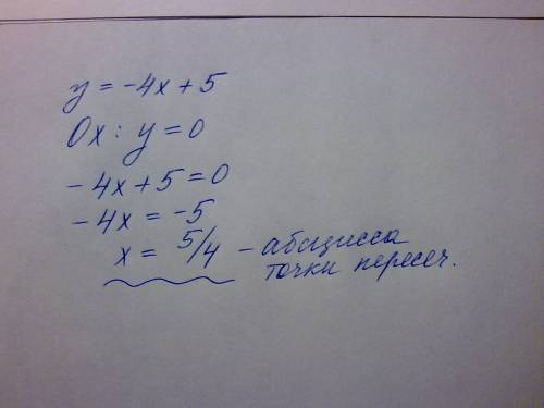 Найдите абсциссу точки пересечения прямой y= - 4x + 5 с осью ox. варианты ответа: 1)дробь 4/5 2) 5 3