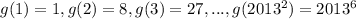 g(1) = 1, g(2) = 8, g(3) = 27, ..., g(2013^2) = 2013^6