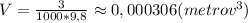 V=\frac{3}{1000*9,8}\approx0,000306(metrov^3)